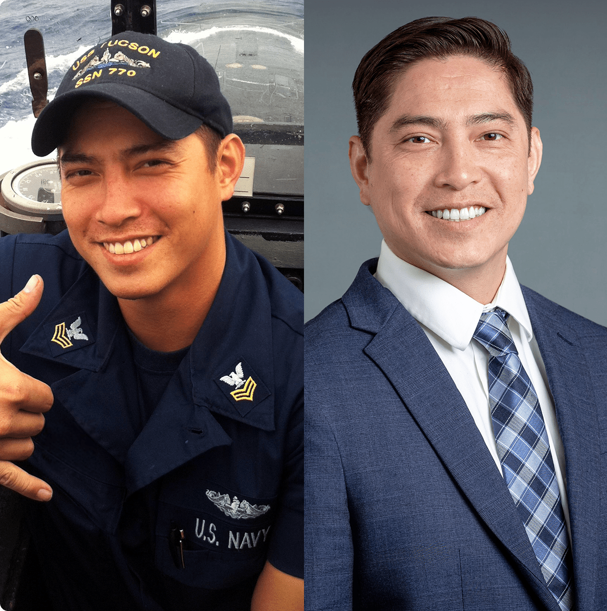 2 photos of the same smiling man - one in his Navy uniform and one wearing a suit