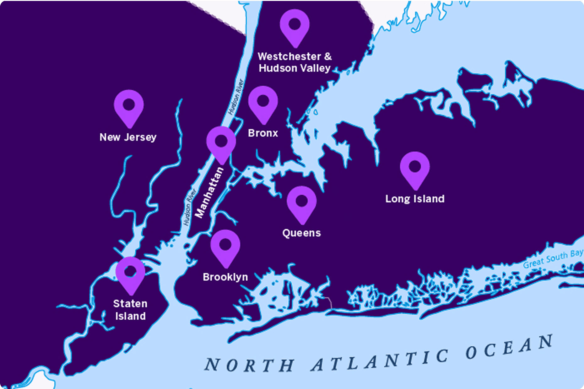 Map of NYU Langone outpatient locations in New Jersey, Staten Island, Manhattan, Brooklyn, Queens, Long Island, The Bronx, and Westchester & Hudson Valley