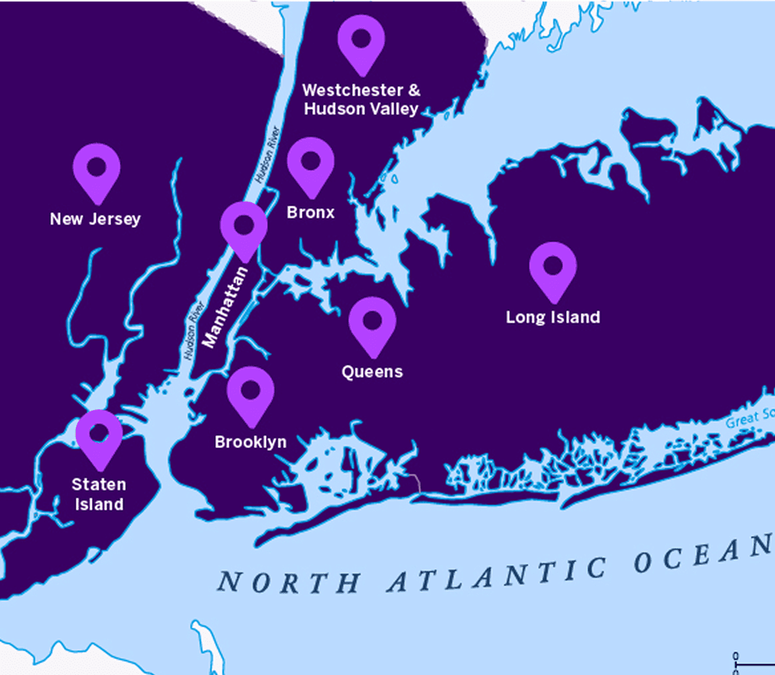 Map of NYU Langone outpatient locations in New Jersey, Staten Island, Manhattan, Brooklyn, Queens, Long Island, The Bronx, and Westchester & Hudson Valley